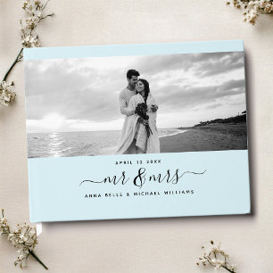 Mr & Mrs Elegant Script Light Blue Photo Wedding Guest Book