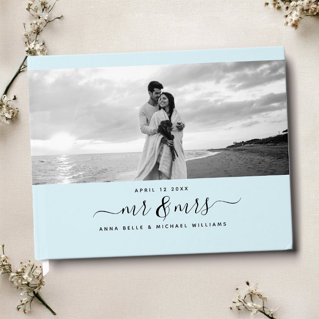Mr & Mrs Elegant Script Light Blue Photo Wedding Guest Book (Creator Uploaded)