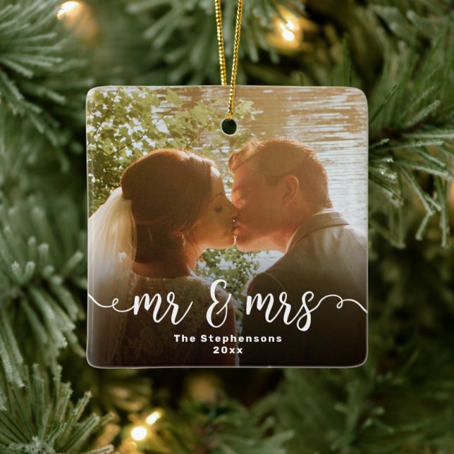 Mr & Mrs Elegant Script Overlay Double Sided Photo Ceramic Ornament (Tree)