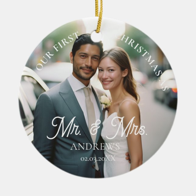Mr. & Mrs.!  Elegant, Simpel, Photo Ceramic Tree Decoration (Front)