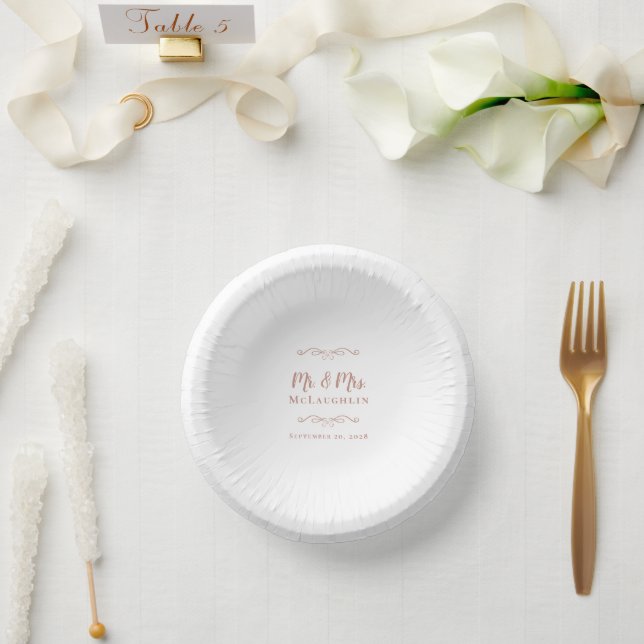 Mr Mrs Elegant Weddings Reception Party Rose Gold Paper Plate (Wedding)