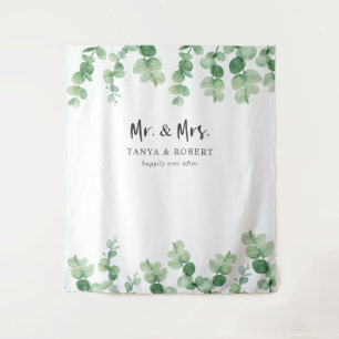 Mr & Mrs Eucalyptus Wedding Backdrop Bride Groom Tapestry