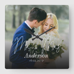 Mr & Mrs   Family Name Custom Photo Square Wall Clock