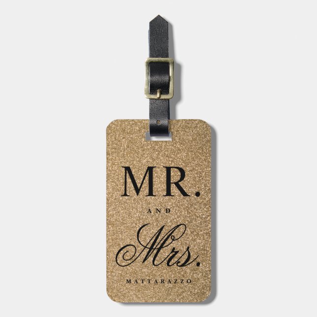 Mr. &  Mrs. faux glitter newly wed luggage tag (Front Vertical)