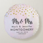 Mr. & Mrs.  Faux Gold Confetti on Purple Wedding Round Cushion<br><div class="desc">Mr. & Mrs. commemorative wedding pillow. Designed with fake gold confetti sprinkled along the top. A pale purple and yellow watercolor background.</div>