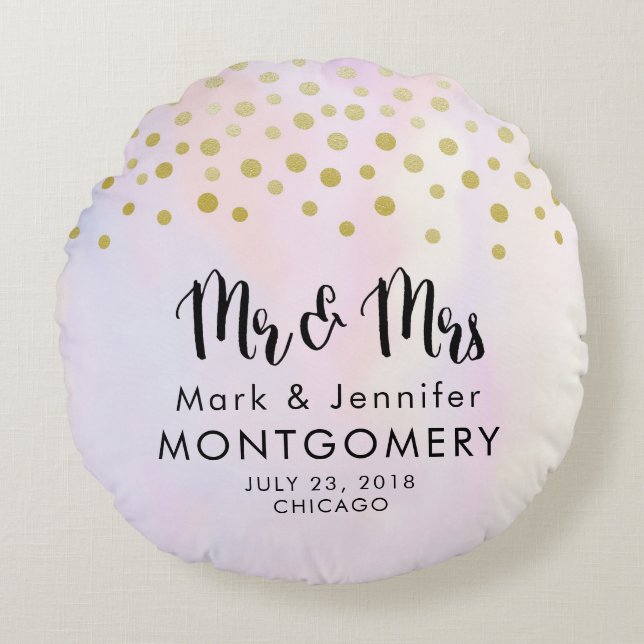 Mr. & Mrs.  Faux Gold Confetti on Purple Wedding Round Cushion (Front)