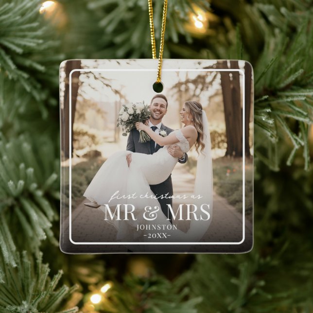 Mr & Mrs First Chirstmas Boarder Custom Photo  Ceramic Ornament (Tree)