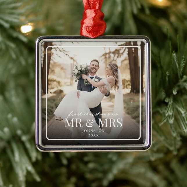 Mr & Mrs First Chirstmas Boarder Custom Photo  Metal Tree Decoration (Tree)