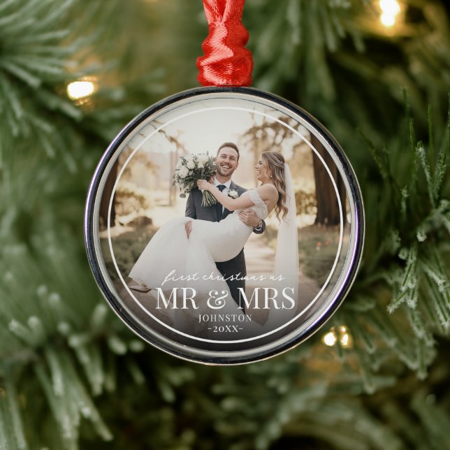 Mr & Mrs First Chirstmas Boarder Custom Photo  Metal Tree Decoration (Tree)