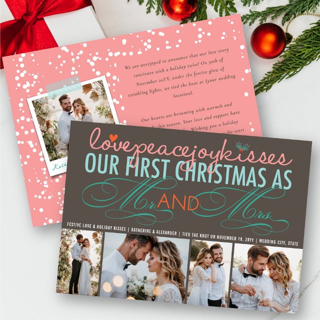 Mr & Mrs First Christmas 4 Photo Holiday Wedding Invitation (Love Peace Joy Kisses Mr And Mrs First Christmas 4 Photo Collage Wedding Holiday Card @ fat_fa_tin)