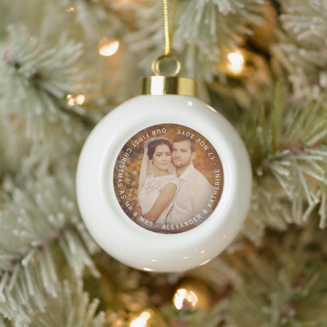 Mr & Mrs First Christmas Circle Text Wedding Photo Ceramic Ball Christmas Ornament (Tree)