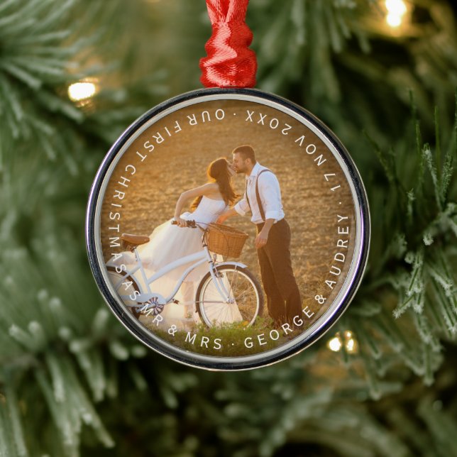 Mr & Mrs First Christmas Circle Text Wedding Photo Metal Tree Decoration (Tree)