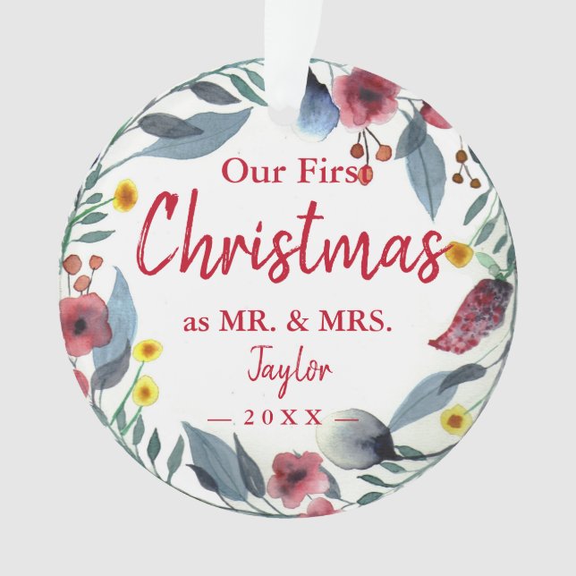 Mr. & Mrs. First Christmas Floral Wreath Ornament (Front)