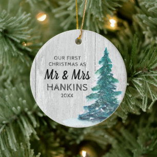 Mr & Mrs First Christmas Married Rustic Pine Tree Ceramic Tree Decoration