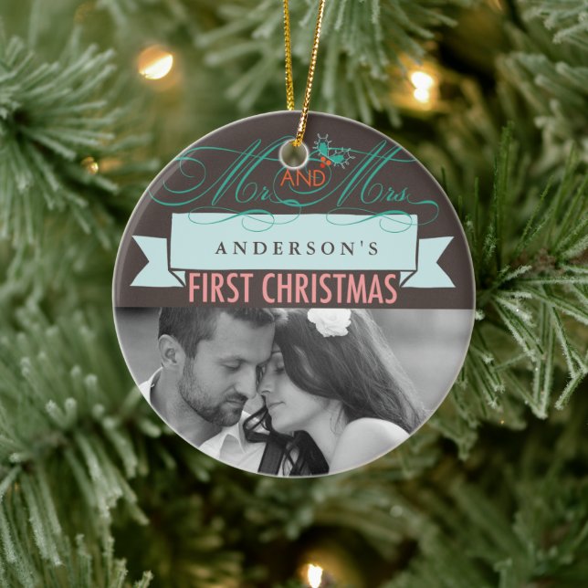 Mr & Mrs First Christmas Mistletoes Photo Wedding Ceramic Tree Decoration (Tree)