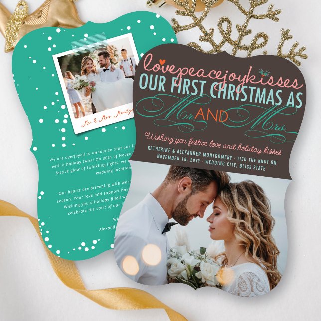 Mr & Mrs First Christmas Mistletoes Photo Wedding Holiday Card (Colorful Love Peace Joy Kisses Our First Christmas As Mr & Mrs Holiday Wedding Photo Card @ fatfatin)