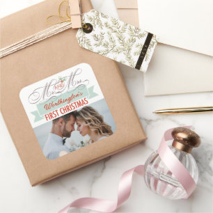 Mr & Mrs First Christmas Mistletoes Photo Wedding Square Sticker