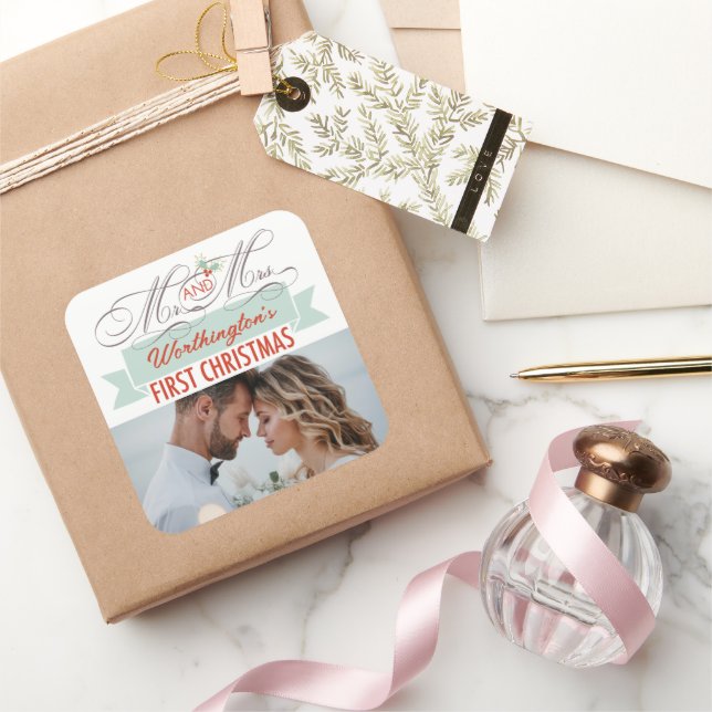 Mr & Mrs First Christmas Mistletoes Photo Wedding Square Sticker (Gifting)