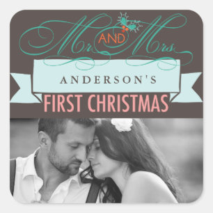 Mr & Mrs First Christmas Mistletoes Photo Wedding Square Sticker