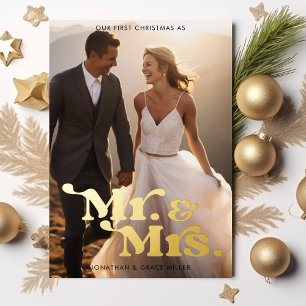 Mr. & Mrs. First Christmas Modern Retro Typography Foil Holiday Card