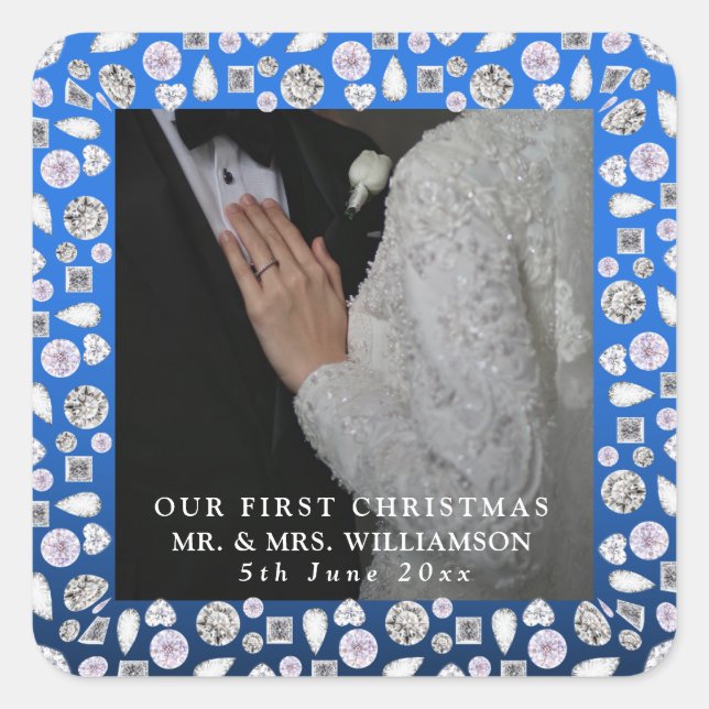 Mr & Mrs First Christmas Photo Wedding  Square Sticker (Front)