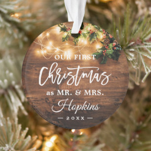 Mr Mrs First Christmas Rustic String Lights Photo Ornament