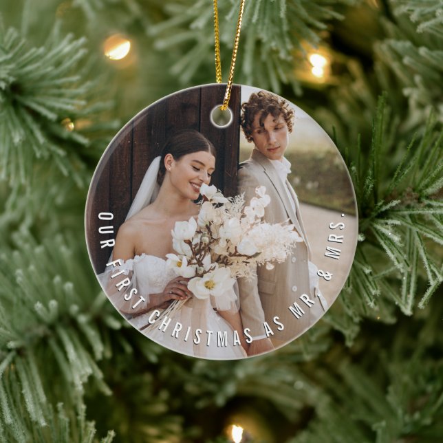 Mr & Mrs First Christmas Simple Text Circle Photo Ceramic Tree Decoration (Tree)