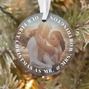 Mr & Mrs First Christmas Simple Text Circle Photo Ornament