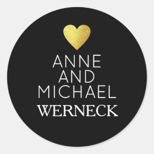 Mr & Mrs first names / surname, love wedding black Classic Round Sticker