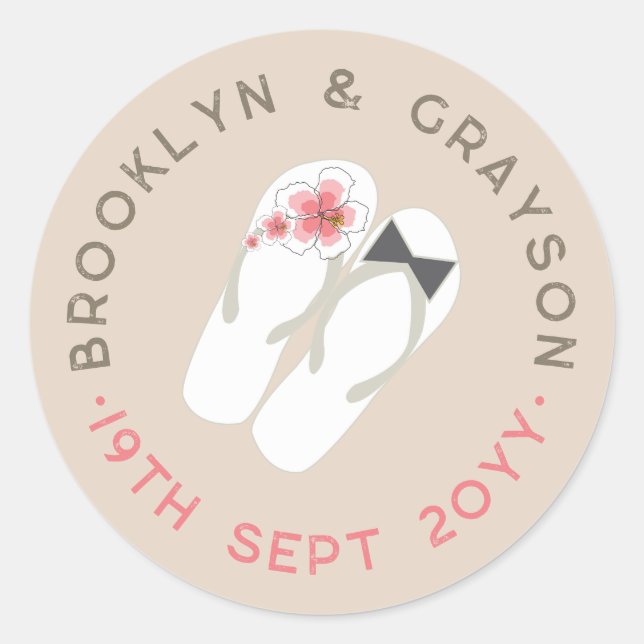 Mr & Mrs Flip Flops Hibiscus Beach Wedding Sticker (Front)