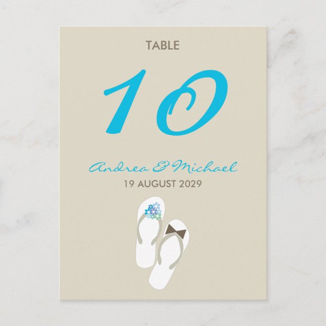 Mr & Mrs Flip Flops Wedding Table Number Card (Front)