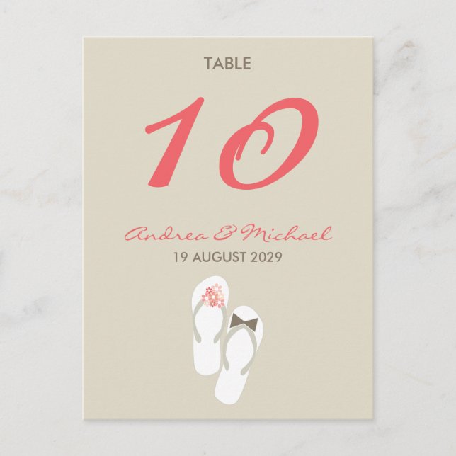 Mr & Mrs Flip Flops Wedding Table Number Card (Front)