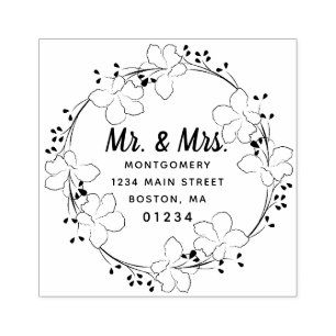Mr. & Mrs. Floral Modern Script Return Address Rubber Stamp
