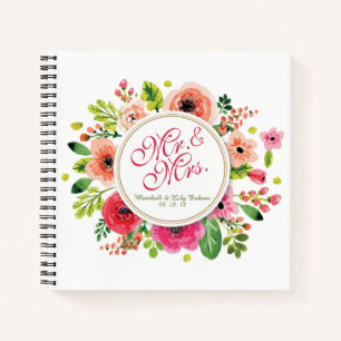 Mr. & Mrs. Floral Watercolor Wedding Guestbook Notebook