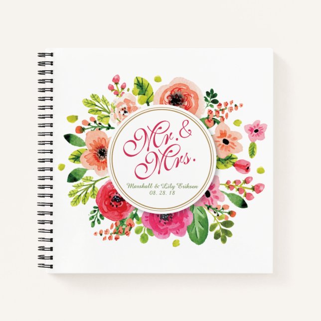 Mr. & Mrs. Floral Watercolor Wedding Guestbook Notebook (Front)