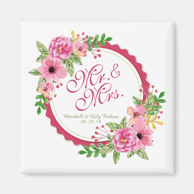 Mr. & Mrs. Floral Watercolor Wedding | Magnet (Front)