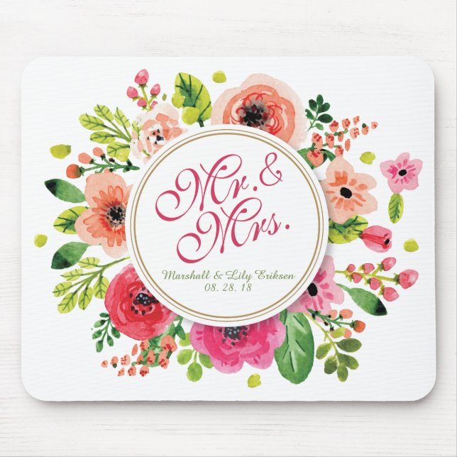 Mr. & Mrs. Floral Watercolor Wedding | Mousepad (Front)