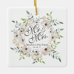 Mr. & Mrs. Floral Watercolor Wedding   Ornament