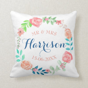 Mr & Mrs Floral Wedding Cushion Watercolour Gift