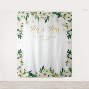 Mr & Mrs floral winter wedding banner backdrop Tapestry