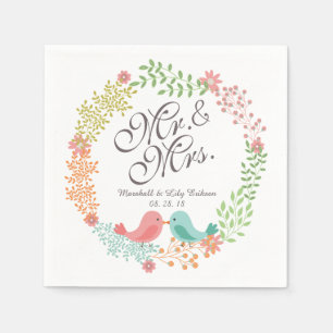 Mr. & Mrs. Floral Wreath w/ Birds Wedding Napkin