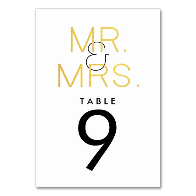 Mr. & Mrs. Gold Elegant Typography Wedding Table Number (Front)