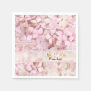 Mr. & Mrs. Gold Faux Glitter Pink Hydrangea Floral Napkin