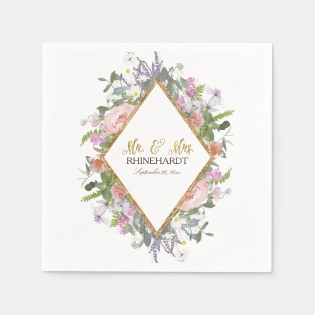 Mr. & Mrs. Gold Faux Glitter Wildflower Floral Art Napkin (Front)