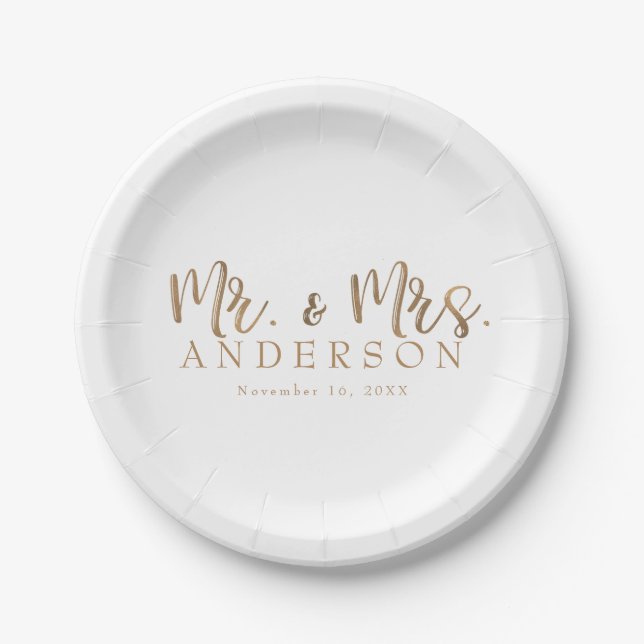 MR. & MRS. Gold Script Typography Modern Minimal Paper Plate (Front)