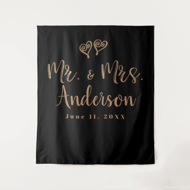 MR. & MRS. Gold Script Typography Modern Minimal Tapestry (Front)