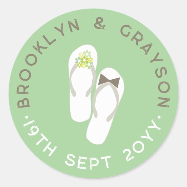 Mr & Mrs Green Flowers Flip Flops Beach Wedding Classic Round Sticker (Front)