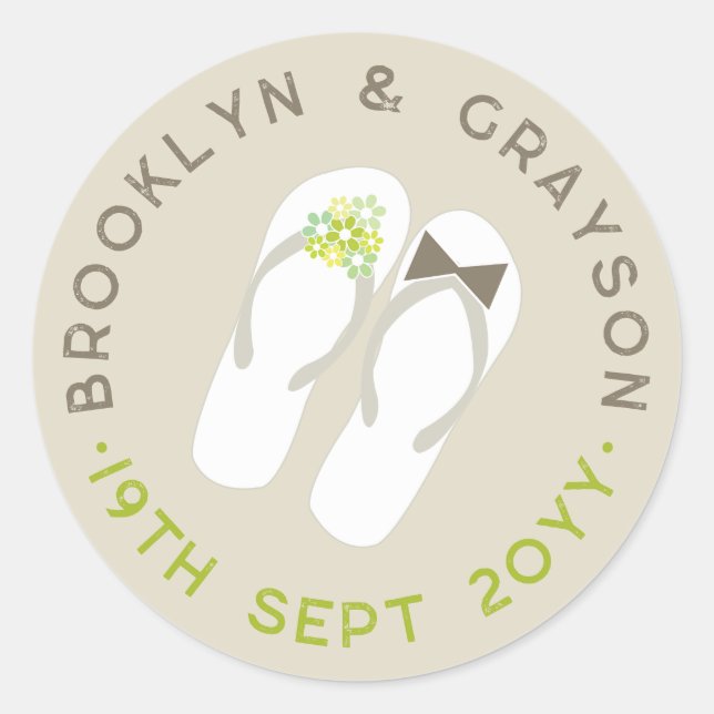 Mr & Mrs Green Flowers Flip Flops Beach Wedding Classic Round Sticker (Front)