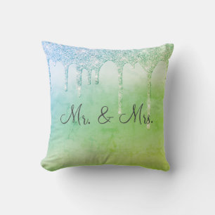 Mr. & Mrs Green Glitter Keepsake Elegant Cushion