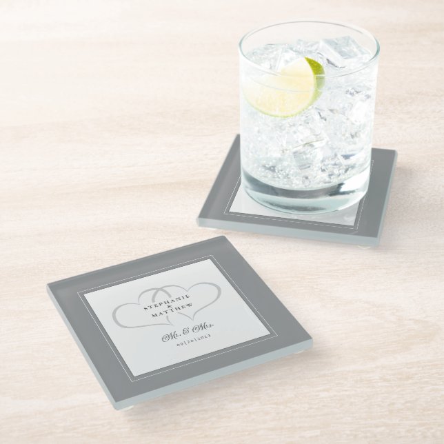Mr & Mrs Grey & White Elegant Wedding Chic Hearts Glass Coaster (Angled)